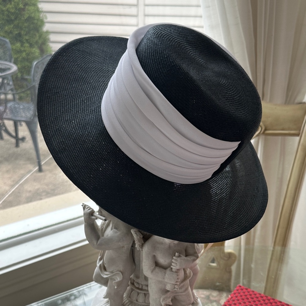 Black Wide-Brim Straw Hat with White Wrapped Band